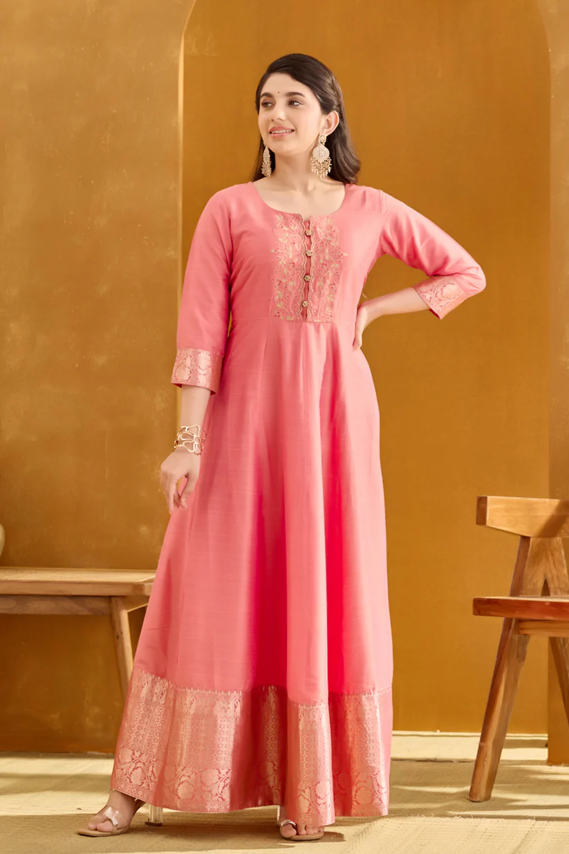 Peach Anarkali Dress with Embroidered Yoke & Brocade Border